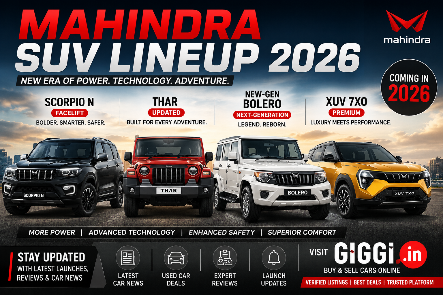 Upcoming Mahindra Cars in India 2026: Launch Dates, Features, Prices & Latest Updates | Giggi.in